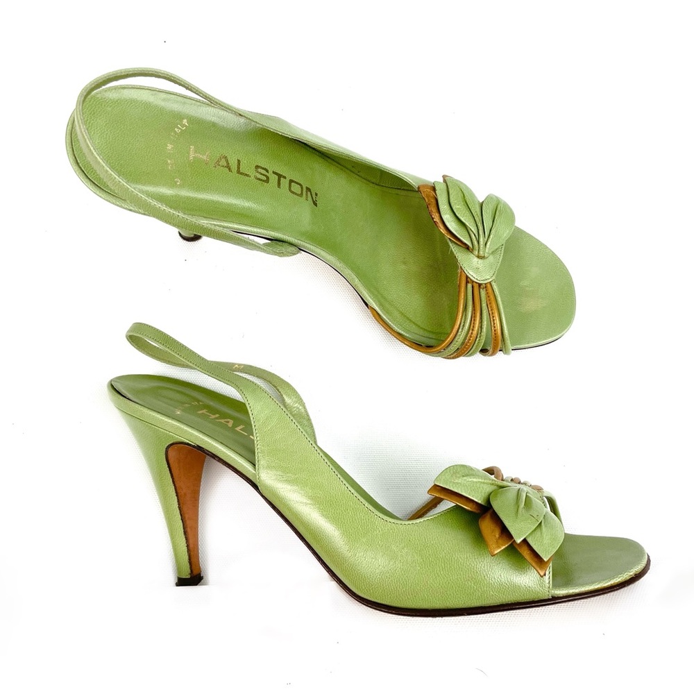 Vintage Halston Green Floral Garden Party Slingback Heels 7.5 B